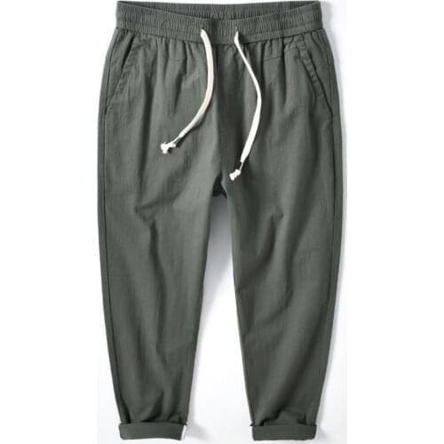 Casual Men Pants Solid Color Cotton Loose Ankle-Length Pants Male Plus Size All-match Elasticity Drawstring Trousers