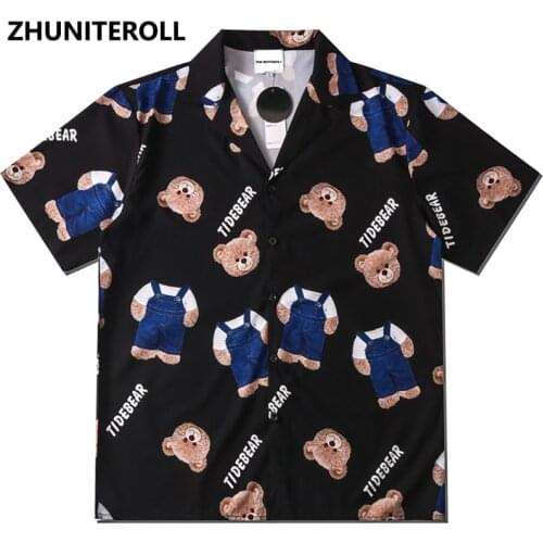 2021 Summer Hip Hop Cartoon Bear Print Hawaiian Shirts Men Hipster Fashion Casual Short Sleeve Button Down Shirt Tops Streetwear