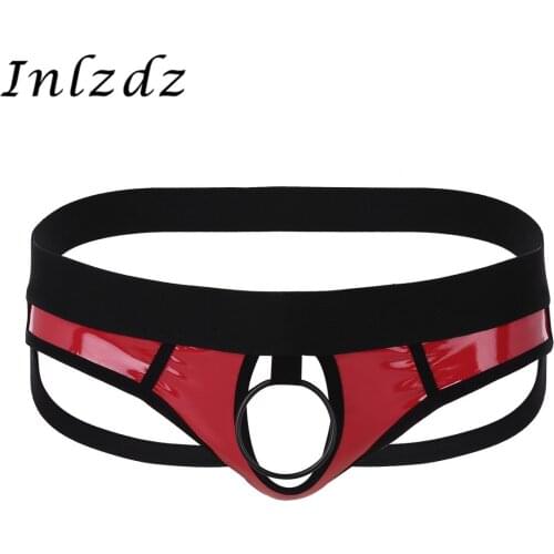 Mens Lingerie Sexy Underwear Leather Open Back Hollow Out Panties with Hole Low Rise Bikini G-string Underwear with Metal O-Ring