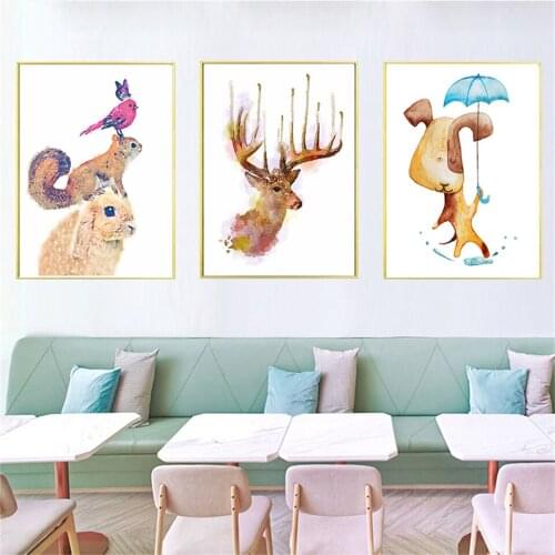 Woodland Rabbit Squirrel Print Nursery Wall Art Deer and Dog Canvas Painting Posters Cute Cartoon Animal Kid Girls Bedroom Decor