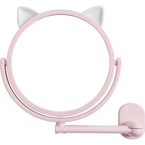 Wall Mount Makeup Mirror, Cat Ear Rotating Bathroom Bedroom Mirror Round, 5.7 Inch, Pink / White