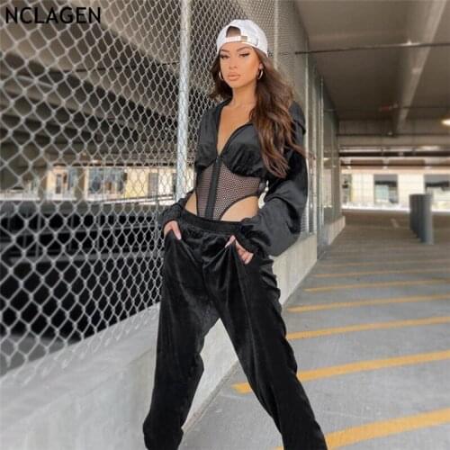 NCLAGEN 2021 Elegant Suit Mesh Patchwork Hooded Bodysuits Top Drawstring Sweatpants Women Sext Street Casual Two Pieces Set
