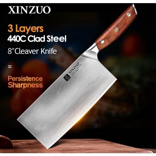XINZUO 8'' inch Cleaver Meat Knife 3 Layers 440C Stainless Steel with Red Handle Kitchen Knives Brand Cooking Tools