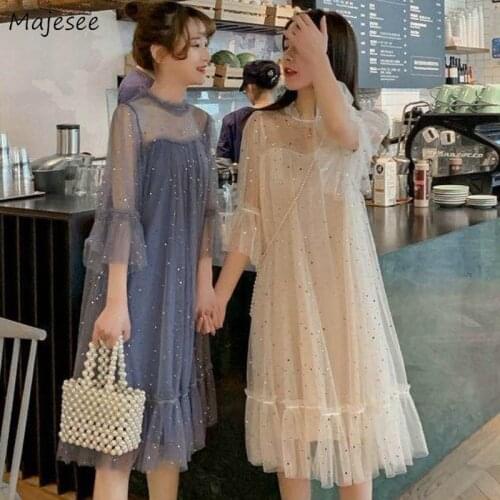 Dress Women Mesh Elegant Sweet Girls Sequined O-neck High Waist Ruffles Half Sleeve Korean Style Streetwear Newly Ins Mid-calf