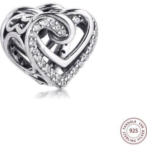 Fit Original Pandora Bracelet 925 Sterling Silver Sparkling Entwined Hearts Charms Clear CZ Beads DIY Jewelry Making Berloque