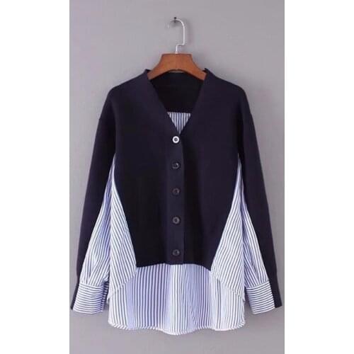 Striped Stitching Fake Two-piece Sweater Female Fashion Casual V-neck Long-sleeved Single-breasted Jumpers Women Spring Autumn