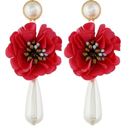 Simple Women Earrings Rhinestone Flower Pearl Water Drop Earring White Red Flower All Match Dangle Earrings