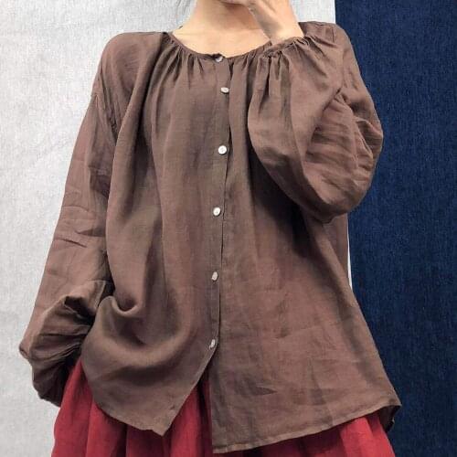 QPFJQD Ladies Loose Solid Color Simple Thin Linen Tops O Neck Women Autumn Summer Long Sleeve Shirt And Blouse 2021