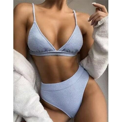 Special Fabric Female Swimsuit High Waist Bikini Women Swimwear Two-pieces Bikini set Ribbed Bather Bathing Suit Swim