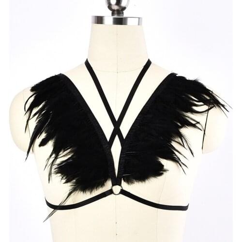 Body Harness BurningMan Feathers Bra Fetish Harness Cage Bondage Harness Punk Lingerie Harajuku Goth Rave Wear Feathers Cage Bra