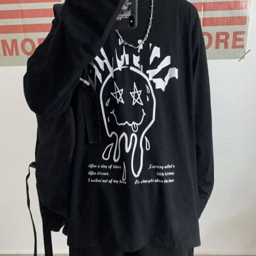 Harajuku Korean INS Hip-hop Trend Anime Expression Printing Loose Long-sleeved O-Neck T-shirt Male Women Casual Couple Top Tees