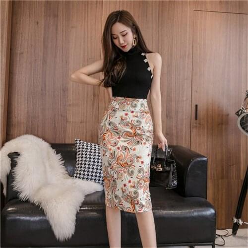 Neophil Summer Floral Pattern Midi Pencil Skirts Women Vintage Fashion Style Stretch Printed High Waist Skirts Jupe Femme S2052