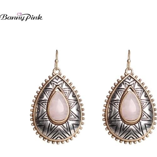 Banny Pink Elegant Rose Stone Waterdrop Dangle Earrings For Women Vintage Gold Silver Color Geometric Drop Earrings Pendientes