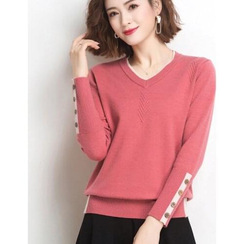 Shintimes V-Neck Button Women Sweater Long Sleeve Slim 2020 Autumn Sweaters Pullovers Womens Clothing Fall Knitted Pull Femme