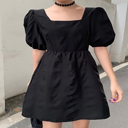 Retro Little Black Dress Summer 2020 New Small Temperament Square Collar Dress Women Hubble-Bubble Sleeve Tall Waist Fashion
