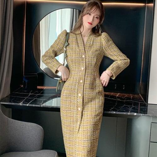 Yellow Elegant Dresses for Women 2020 Party Long Sleeve Singer Breasted Corset Wrap Bodycon Plaid Dress Ladies Autumn Winter