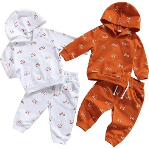 2Pcs Toddlers Spring Outfits, Sun Print Hooded Long Sleeve Sweatshirt + Casual Pants for Baby Girls, Boys, 0-3 Years