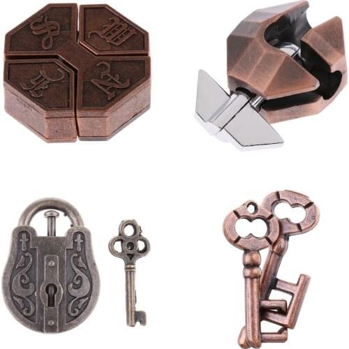 4 Pieces Chinese Classic Brain Teasers IQ Test Toys Metal Magical Lock Puzzle for Kids & Adults