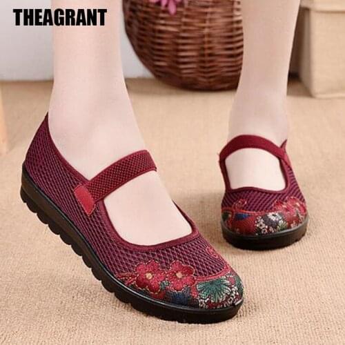 THEAGRANT 2019 Summer Autumn Shoes Woman Mary Janes Floral Breathable Mesh Woman Flats Grandma Chinese Old Peking Shoes WFS3068