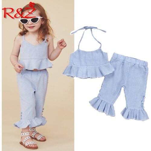 R&Z Childrens Set 2019 Summer New Girls Plaid Fashion Set Cotton Camisole Tops Flare Pants Two-piece Set