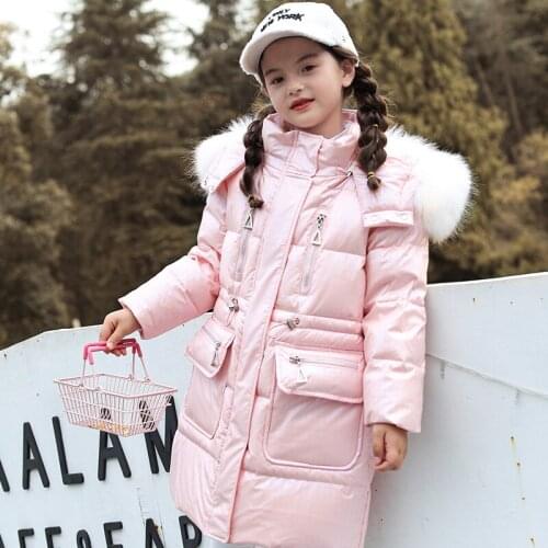 Childrens down jacket girls mid-length 2021 new girls middle-aged childrens bright face Western-style childrens wear