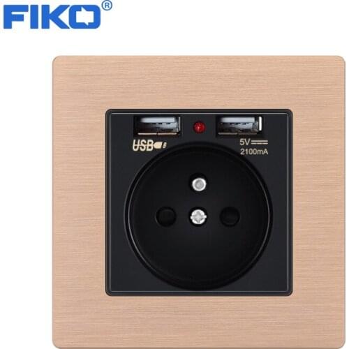 FIKO Champagne gold 16AFR/ EU standard with USB Aluminum alloy panel ,household EU wall socket 86*86mm wall power outlet safety
