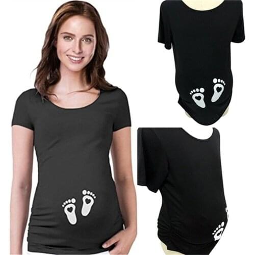 Summer Short Sleeve Pregnant T-shirts Brand New Women Pregnancy Clothes Baby Footprint Printing Maternity T Shirt