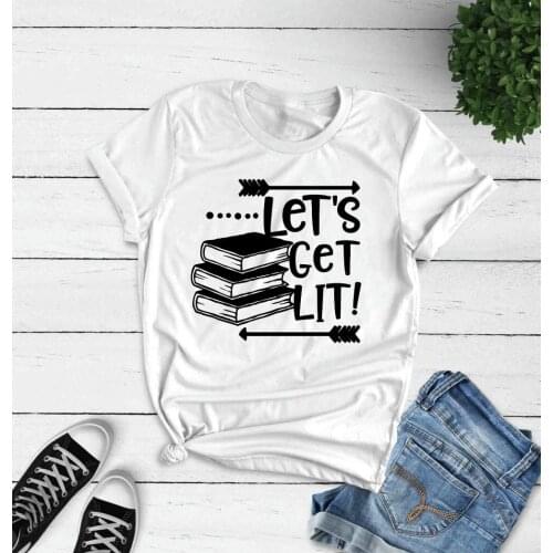 Lets Get Lit Graphic T-Shirt Funny Casual Short Sleeve Tee Book Arrow Teacher day Grunge Tops Stylish tumblr Cotton t shrts