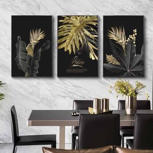 Nordic Golden And Black Plant Leave Canvas Painting Modern Posters And Prints Wall Art Picture For Living Room Decoration