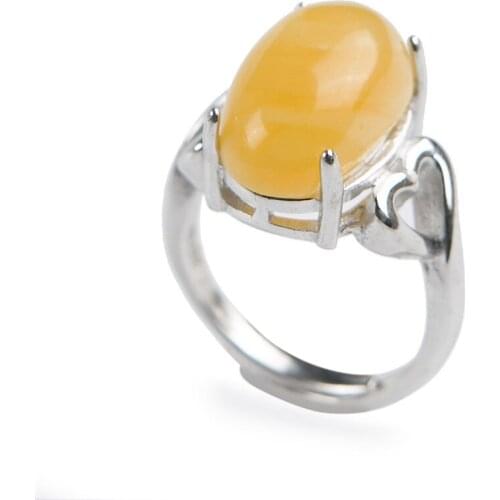 Genuine Natural Yellow Transparent Rare Round Stone Bead Fashion Lady Stering Sliver Party Adjustable Size Ring 15*10*12MM