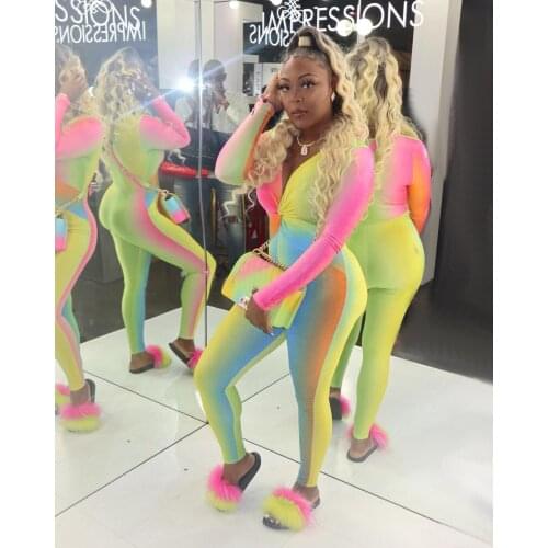 Rainbow Color Jumpsuit Woman Long sleeve Sexy V Neck Skinny Long Leggings Rompers For Nightclub Party Outfits Plus Size S-3XL