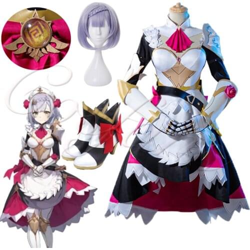 Game Genshin Impact Noelle Cosplay Costume Knights Maid Dress Wigs Uniforms Halloween Party Outfit For Women shoes Boots wigs