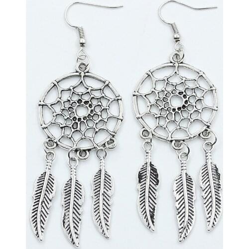 Round Net Shape Blue Beads 3 Feather Bohemia Tassel Retro Silver Plated Boho Dangle Earrings for Women Drop Earrings