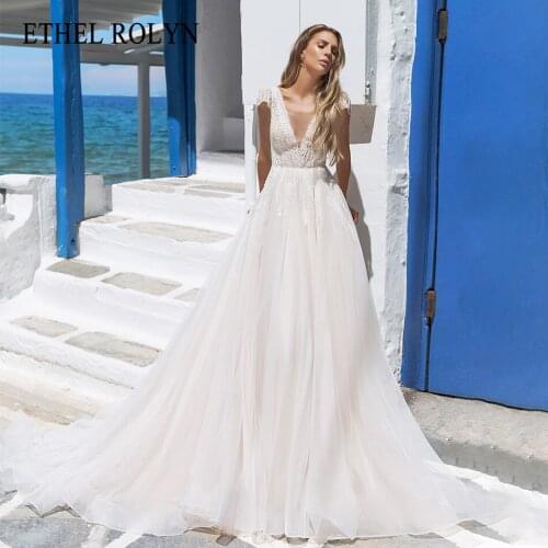 ETHEL ROLYN A-Line Wedding Dress 2021 Delicate Beading Lace Appliques Bride V-Neck Short Sleeve Backless Tulle Beach Bridal Gown