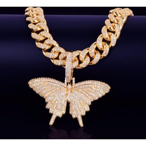 Big Size Butterfly Pendant Charm 12mm Miami Curb Cuban Chain Hip Hop Necklace Rapper Gift Rock Men Women Jewelry Golden