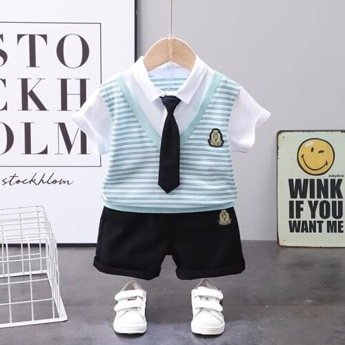 2021 Baby Summer Clothing Toddler Children Boys Short Sleeve Patchwork Suit T-shirt Pants Fashion Infant Gentleman Set Tracksuit