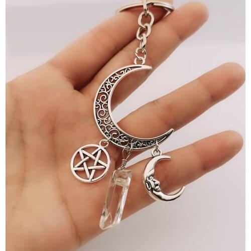 Moon Pentagram Quartz Crystal Witchy Keychain Boho Hippie Bohemian Celestial Witchy Metaphysical Jewelry