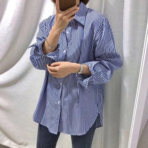 Fashion Blue Vertical Striped Shirt Women Spring Autumn Blouse 2020 New Loose Retro Long-Sleeved Shirts b626
