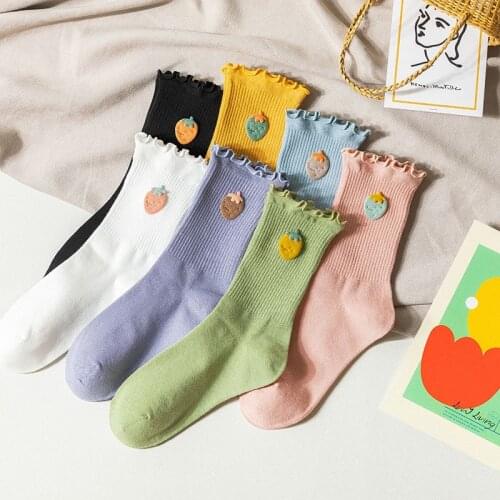 Korean version of sweet and cute fruit strawberry embroidered tube socks Japanese wood ear lace pile long socks
