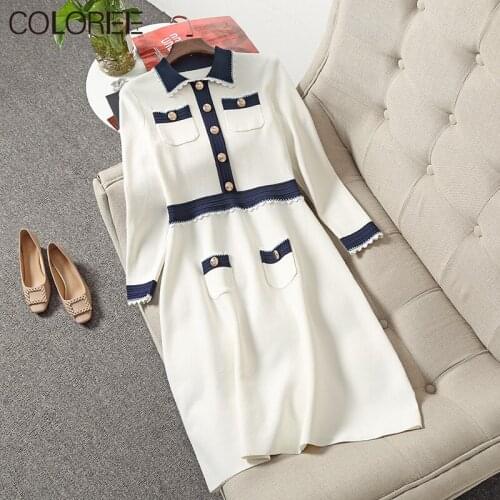 Autumn Winter Clothes Women 2021 Elegant Long Sleeve Knitted Sweater Dresses Female White/blue Vestido Casual