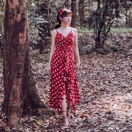 France Elegant Women Dress 2019 New Red Dot White V-neck Slit Asymmetric Empire Long Dresses Vacation Beachwear