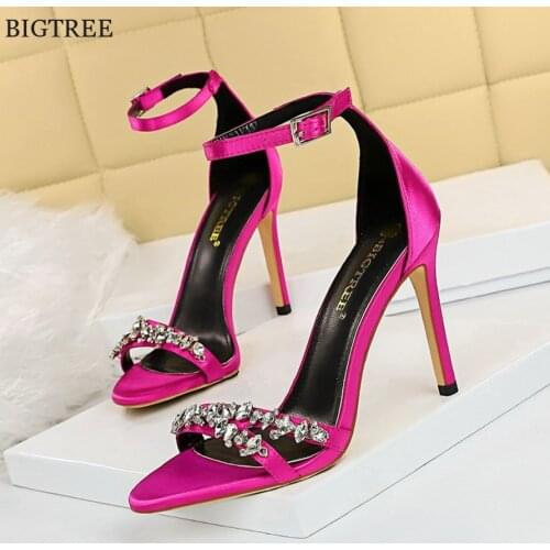 Luxury Big Crystal Silk Women Shoes Platform Open Toe Buckle High Heels Pump Rose red Blue Summer Fashion Ladies Wedding Sandals