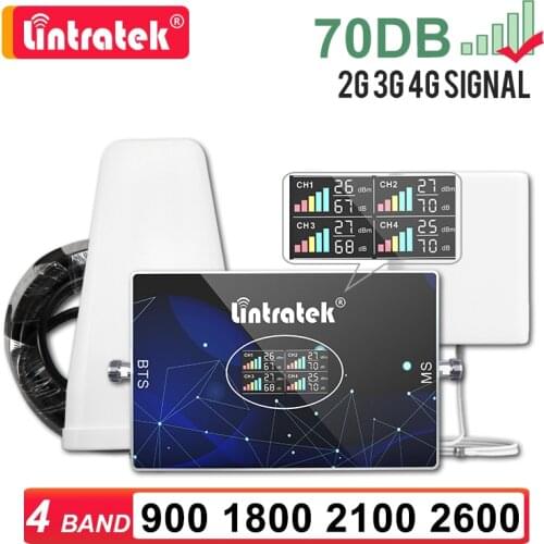 New Four Band Signal Repeater GSM 2G 3G 4G Lintratek Amplifier LTE 800 900 1800 2100 2600 B5 850 Phone Cellular Booster 70dB Kit