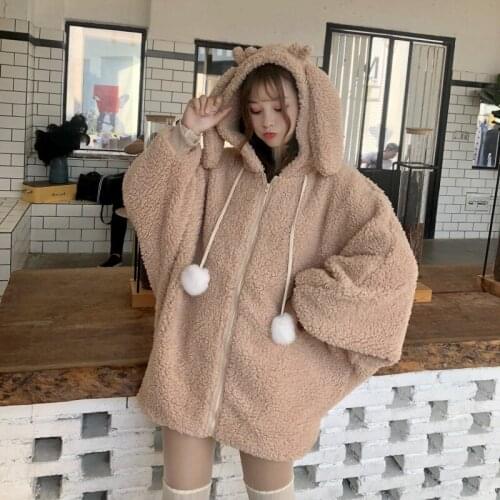 Women Pocket Cute Rabbit Ears Plush Hoodies Sweatshirt Elegant Faux Fur Hooded Jacket Autumn Winter Warm Soft Zipper Coat Korean