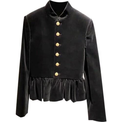 Black gold velvet stand-collar suit jacket womens autumn short design retro top