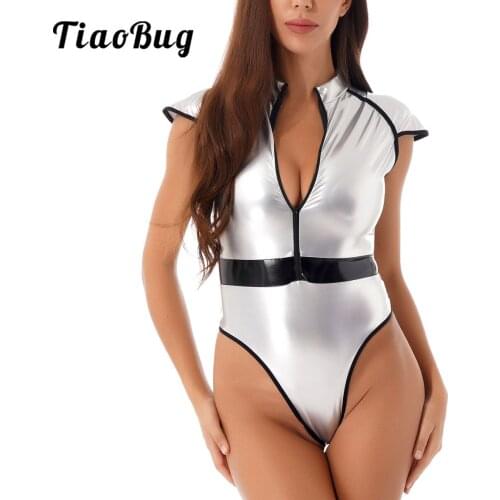 Women Shiny Metallic One Pieces Bodysuit Sliver Zipper Front High Cut Thong Gymnastics Dance Leotard Costume