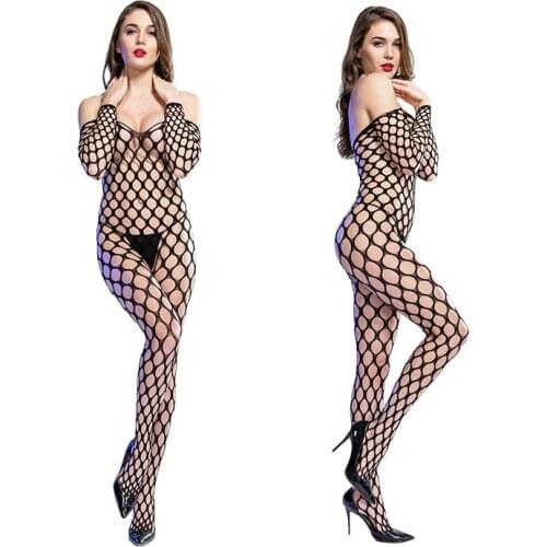 2021 Plus Size Off The Shoulder Long Sleeve Bodysuit Hole Body Stocking Open Crotch Fishnet Sexy Lingerie for Women Nightwear