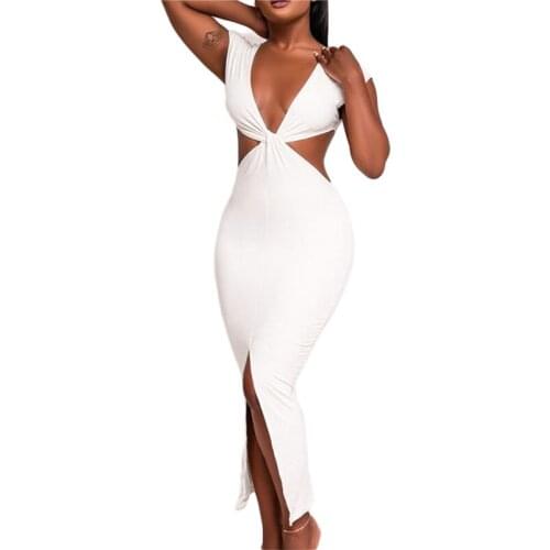 Sexy Ladies Side Cutout Hollow Split Long Vestidos Summer Women Sleeveless Deep V Neck Bodycon Dress White Clubwear Clothes
