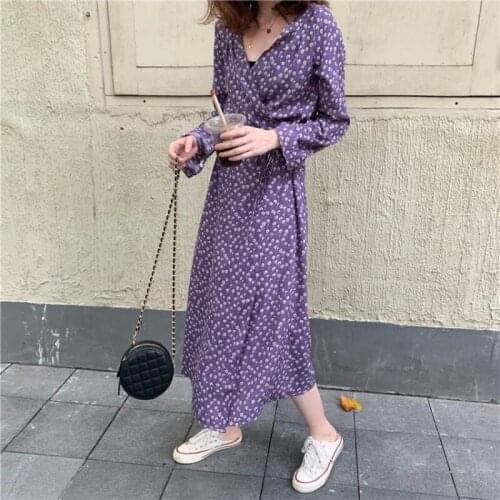 Women Chiffon Purple Dress one-piece Long Lady Vintage Floral Printed Casual Autumn Lace up Long Sleeve Korean V neck Pullover