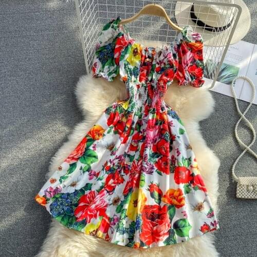 2021 new one-line collar printed dress short sleeve temperament waist puff sleeve A-line skirt short skirt